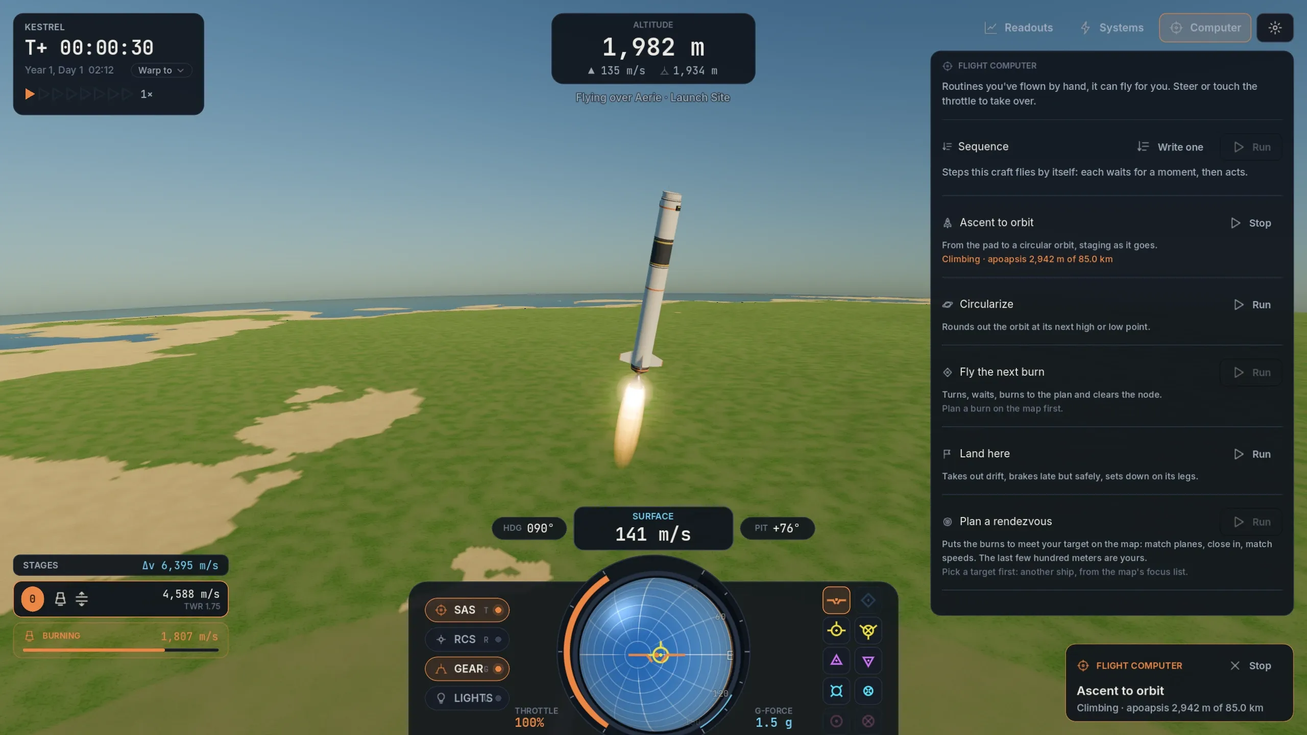 A rocket climbing over the launch site while the flight computer panel lists the routines it can fly, including Sequence and Plan a rendezvous, with Ascent to orbit running.