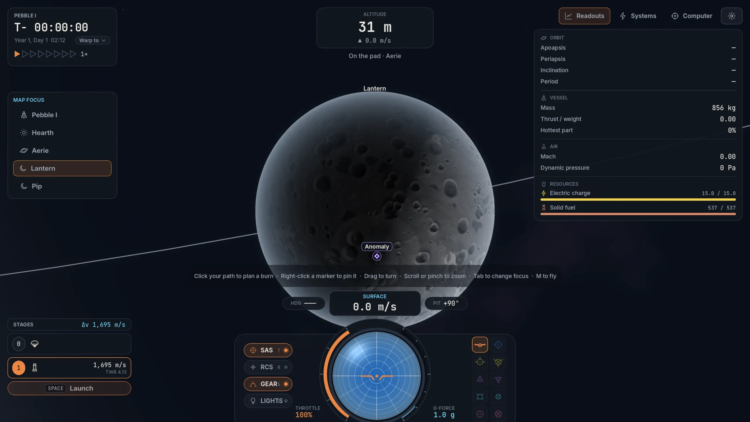The map view centered on the cratered moon Lantern, with an anomaly marked on its surface.