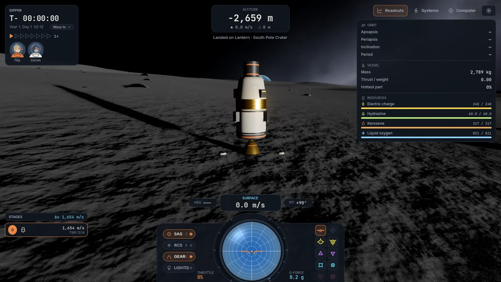 A lander with two Kips aboard, standing inside the south pole crater on Lantern.