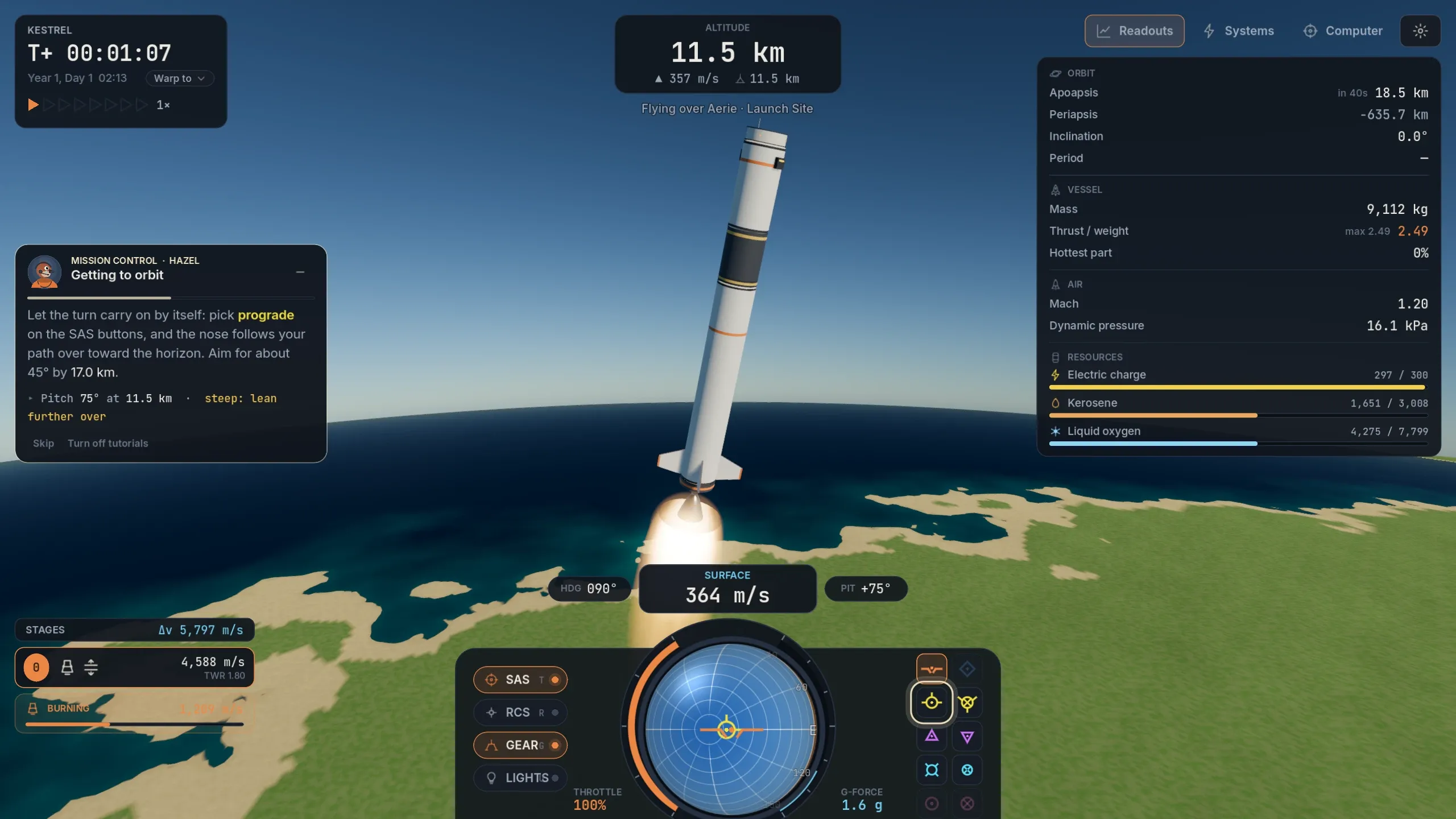 A rocket climbing through 11.5 km over the coast while a mission control card from Hazel, the flight director, says to pick prograde on the SAS buttons and judges the climb too steep, with the prograde button highlighted.