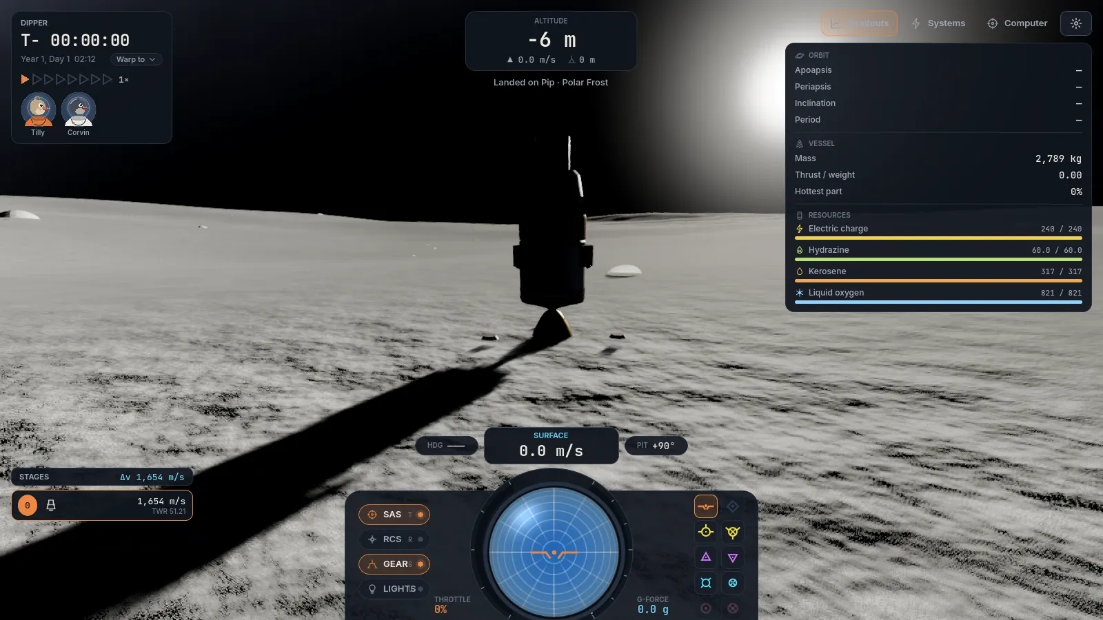 A lander casting a long shadow across the frosty surface of the moon Pip, with the sun low behind it.