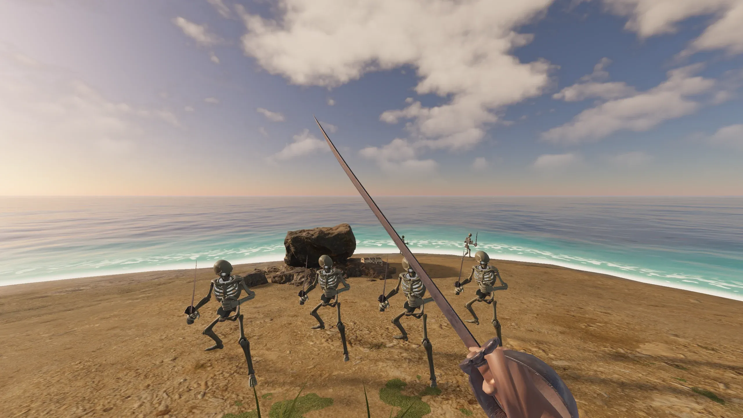 A first-person view of a saber raised toward four skeletons advancing across a sandy beach, surf behind them.